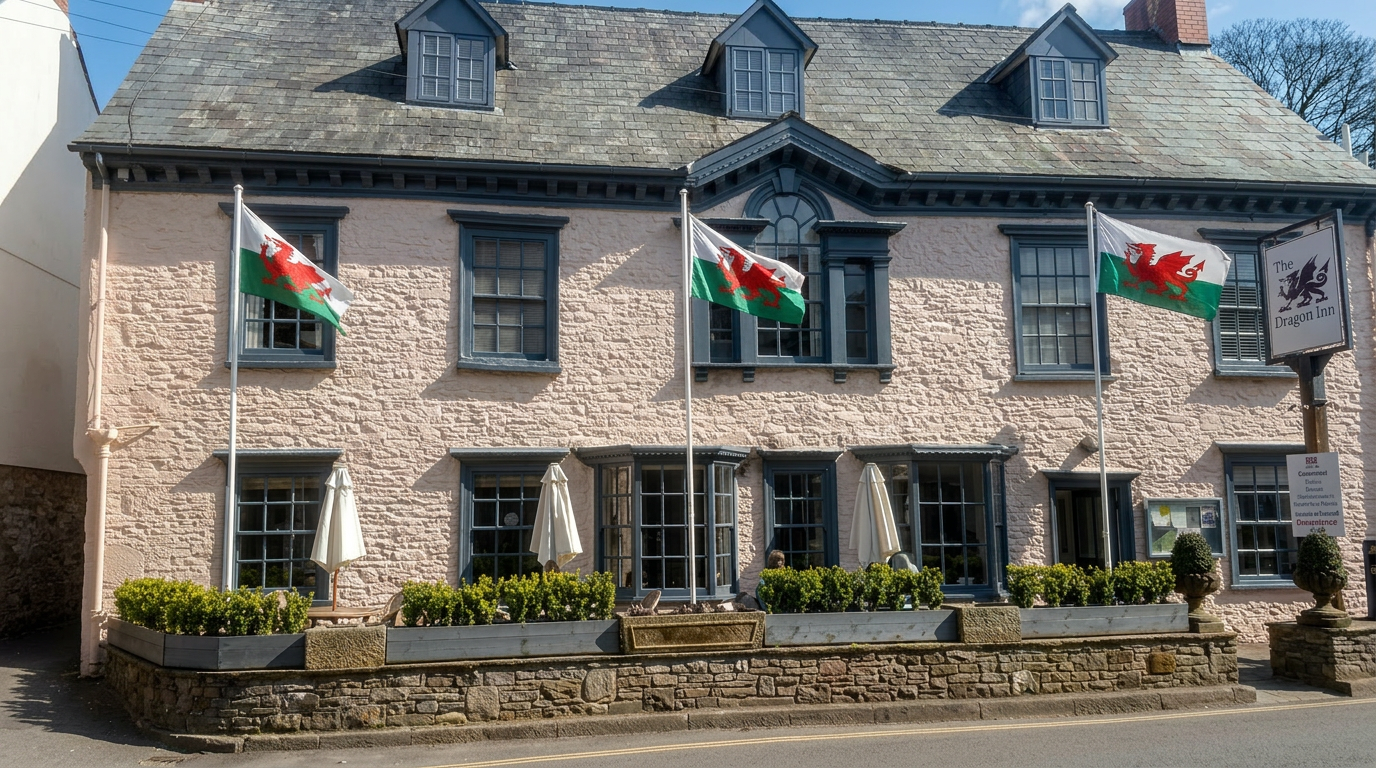 The Dragon Inn, a stone coaching inn with Welsh flag on the High Street in Crickhowell